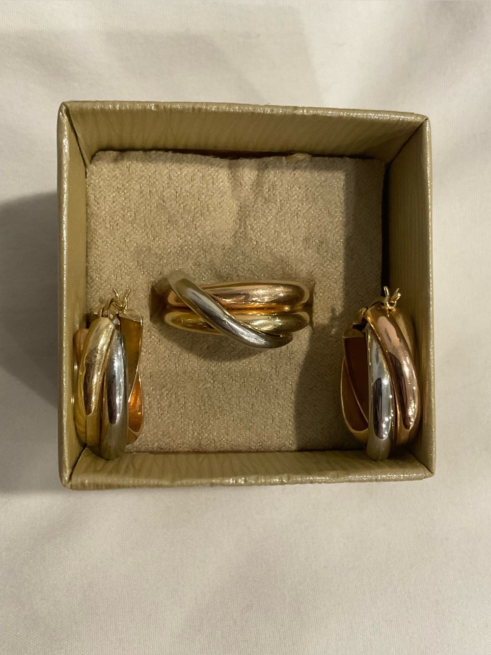 Tri-Toned 14K gold earrings and matching ring